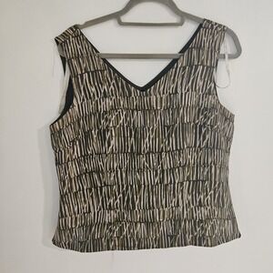 Vintage Robbie Bee Top 100% Silk Sz 12 Green Brown Pattern Shirt Tank Sleeveless